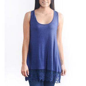 Indigo Blue Tunic Length Tank Top with Lace Hem